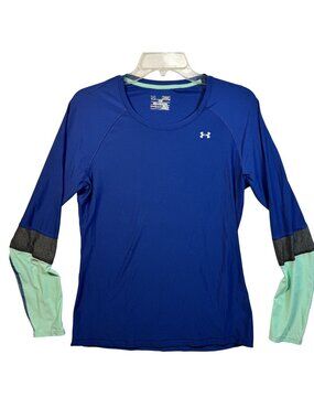 Under Armour Womens HeatGear Long Sleeve Shirt Blue/Colorblock MD Fitted